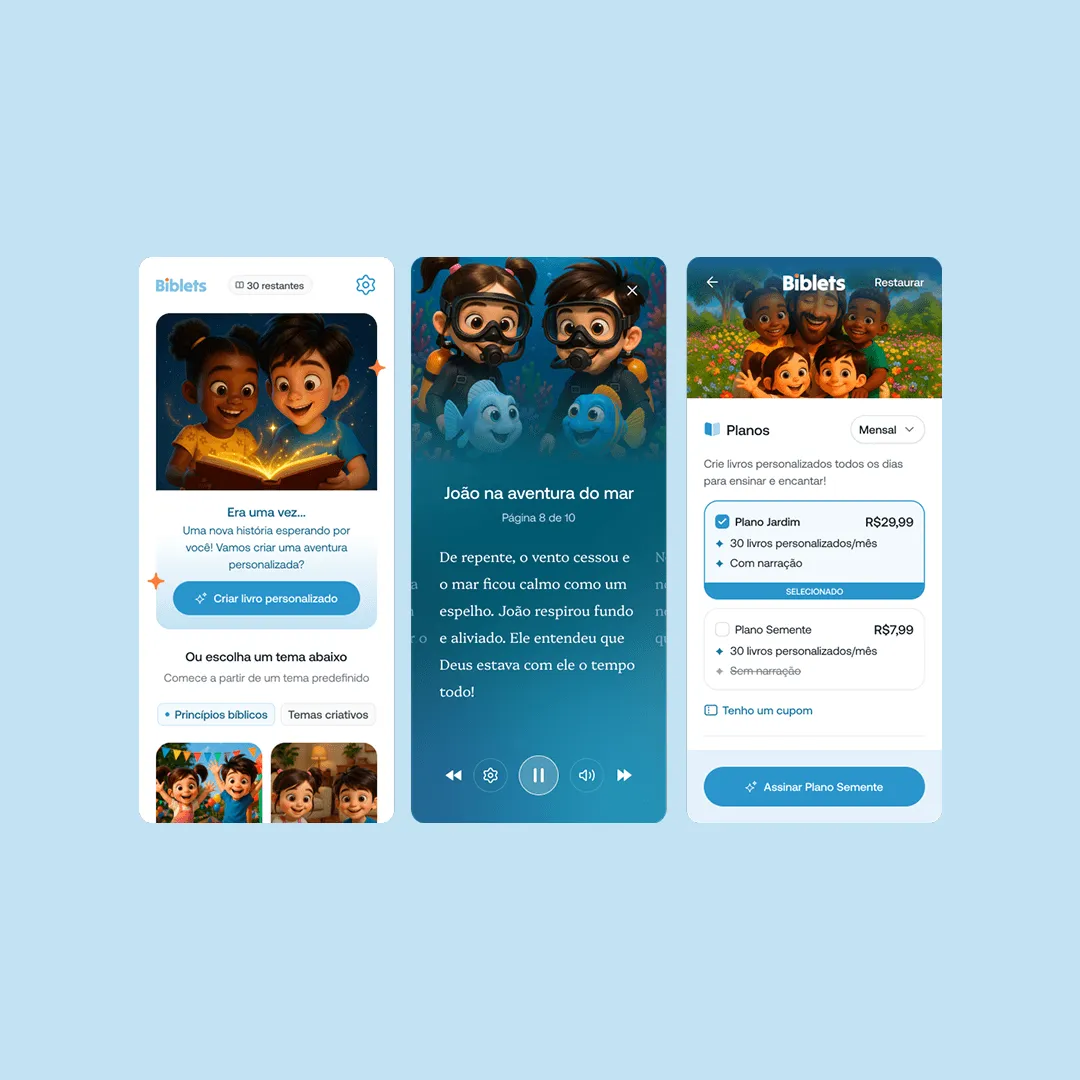 Three Biblets mobile app screens with illustrated Bible stories