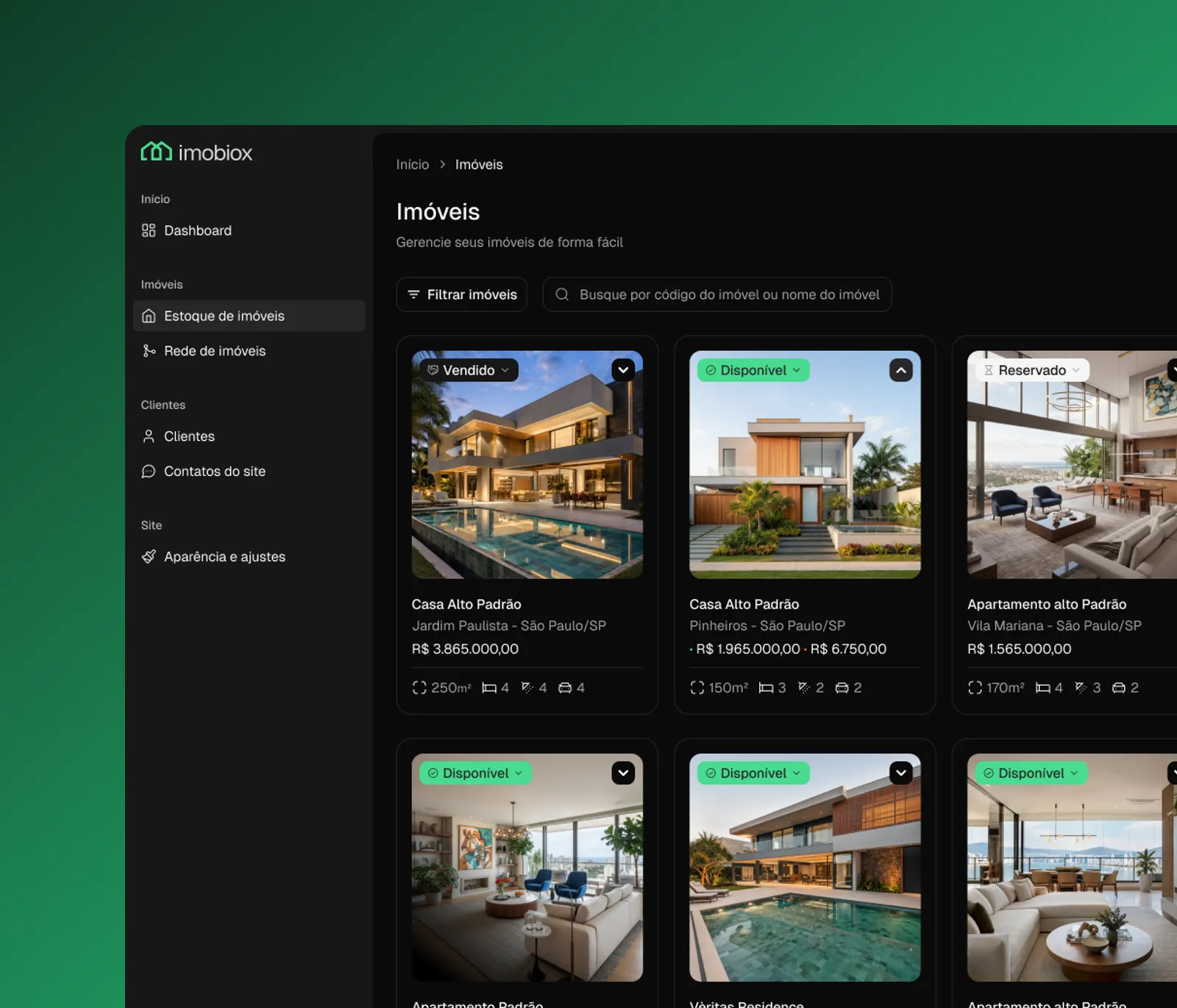 Imobiox property inventory screen showing a grid of listings