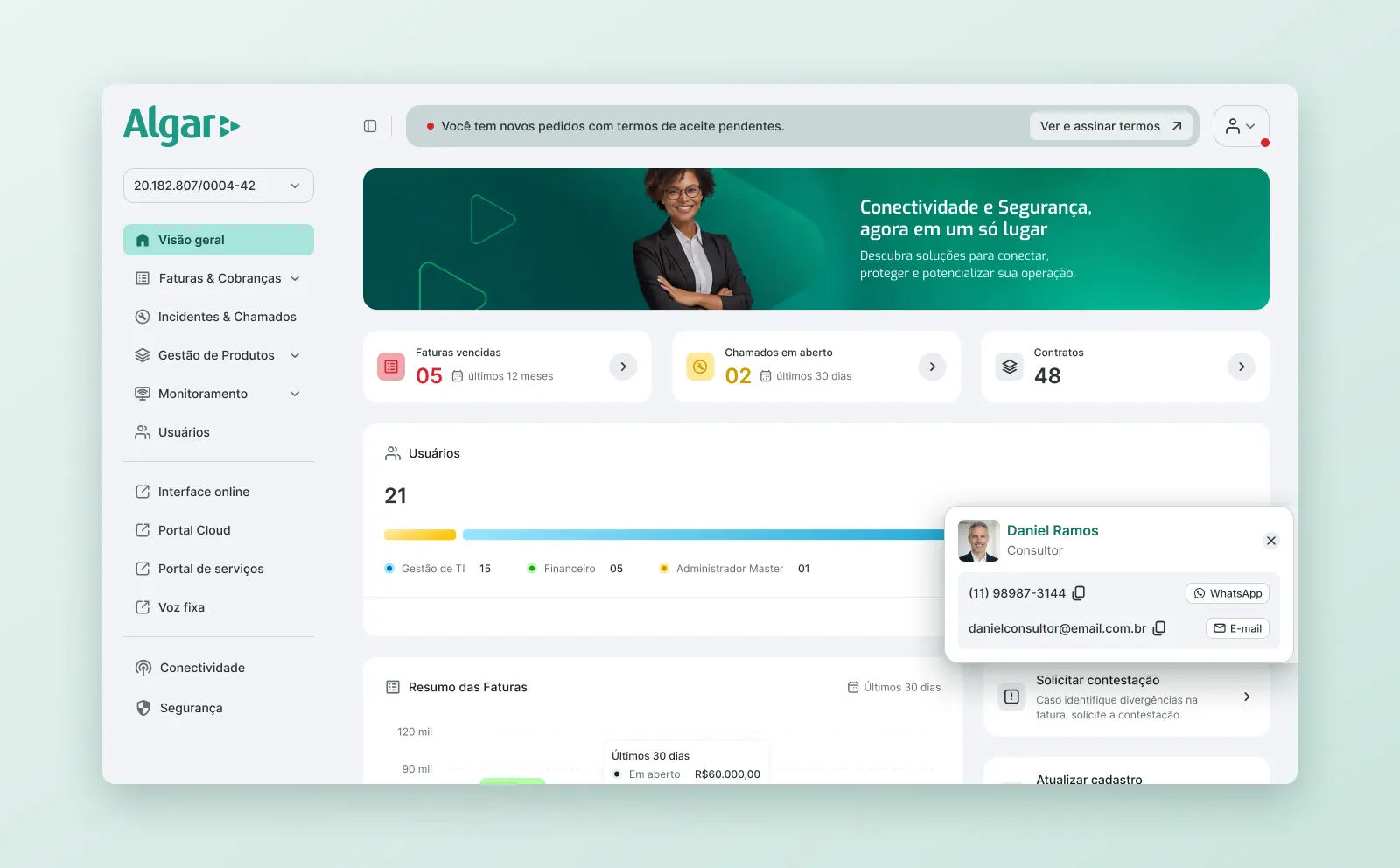 Consultant card expanded from the right edge of the home page