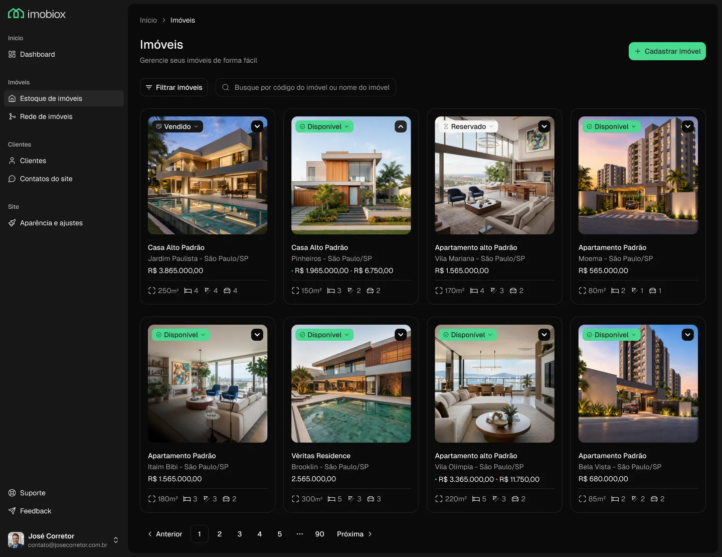 Property inventory with a grid of listings and their status