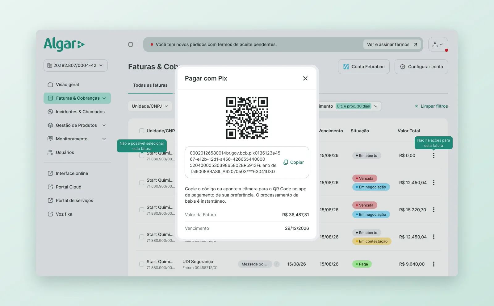 Pix payment modal over the invoice list