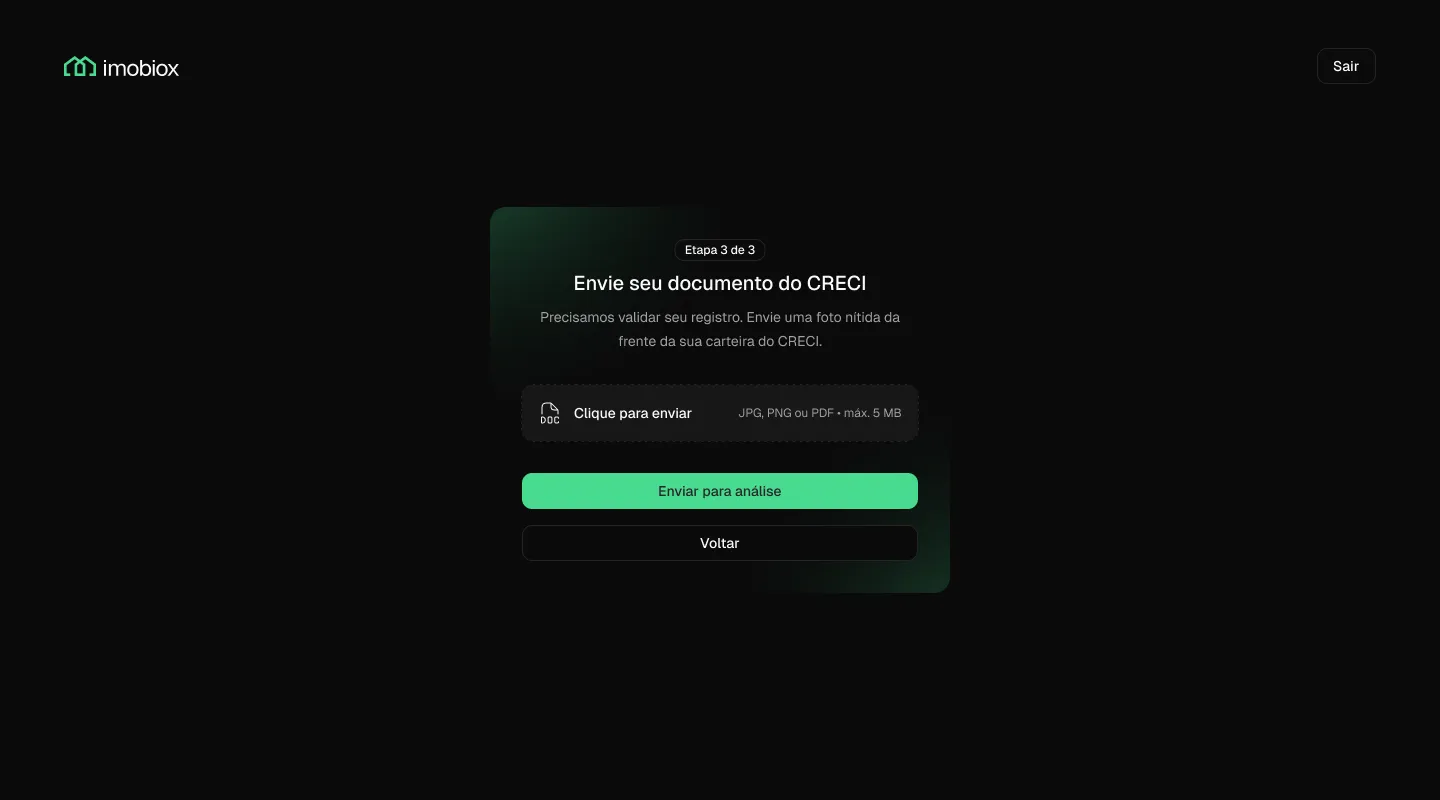 Onboarding step asking the broker to upload their CRECI document