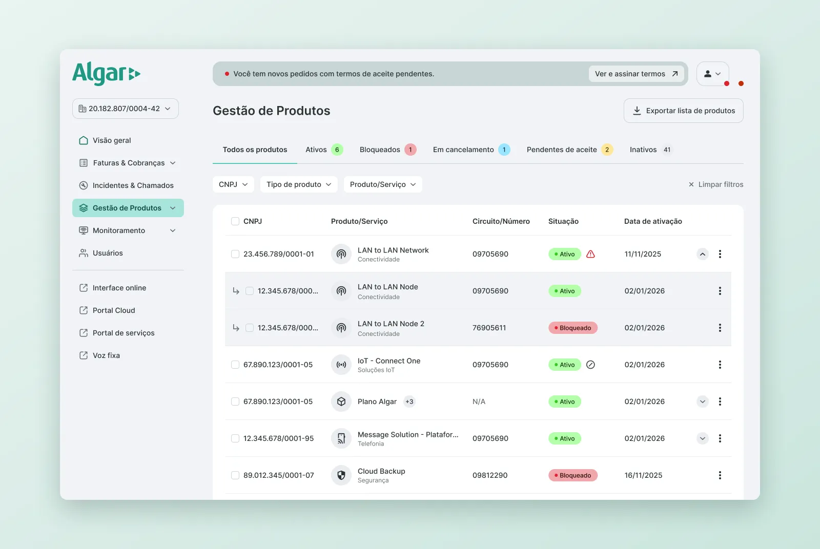 Product management list with child products expanded