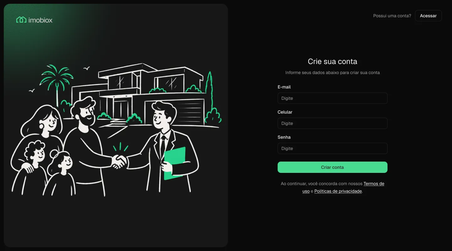 Create account screen with an illustration of a broker closing a deal