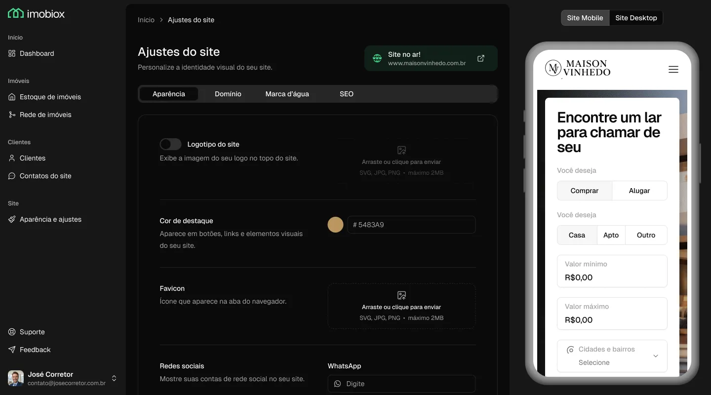 Website settings with a live mobile preview