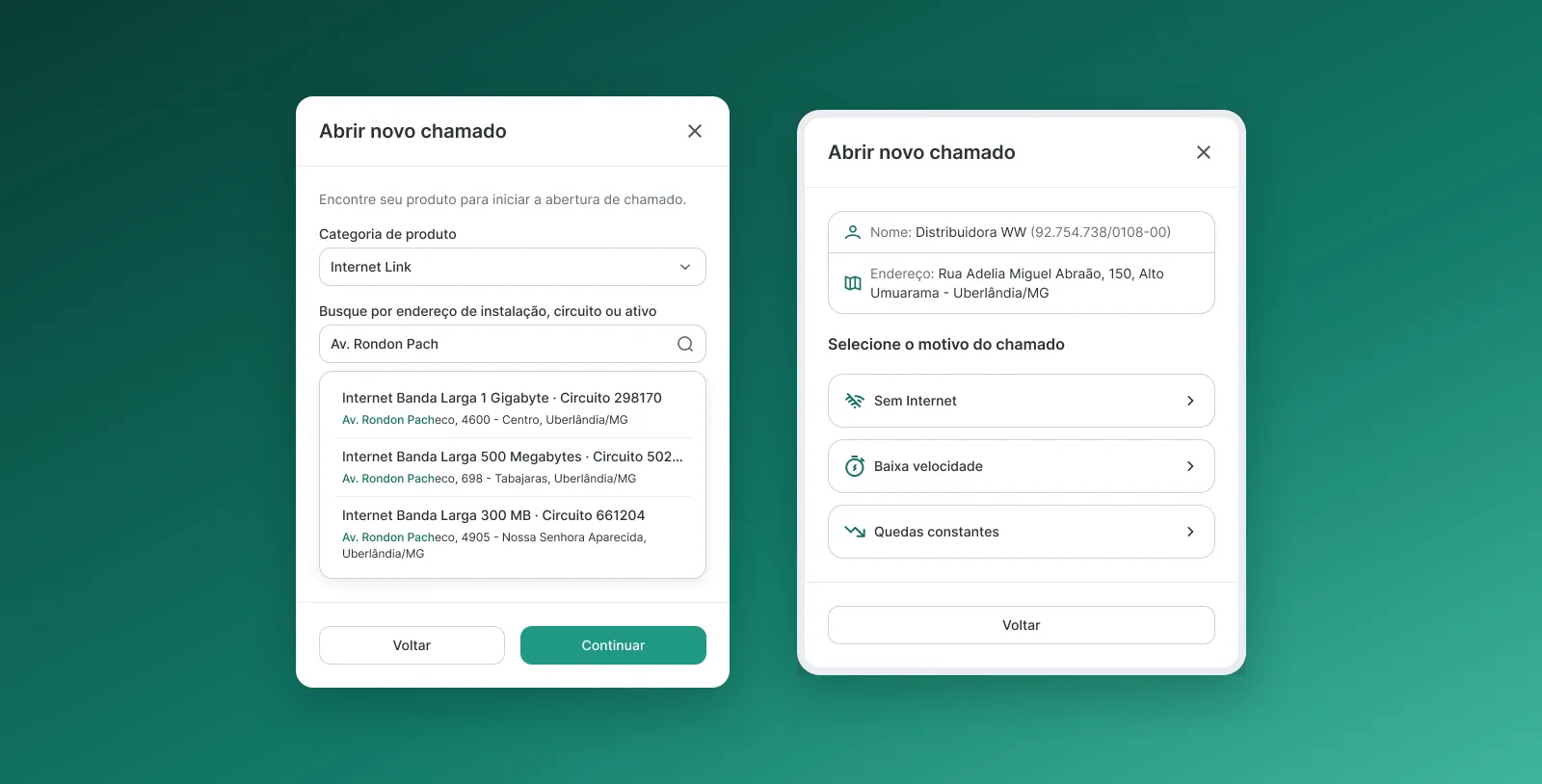 Ticket opening modal with address search, followed by the reason step