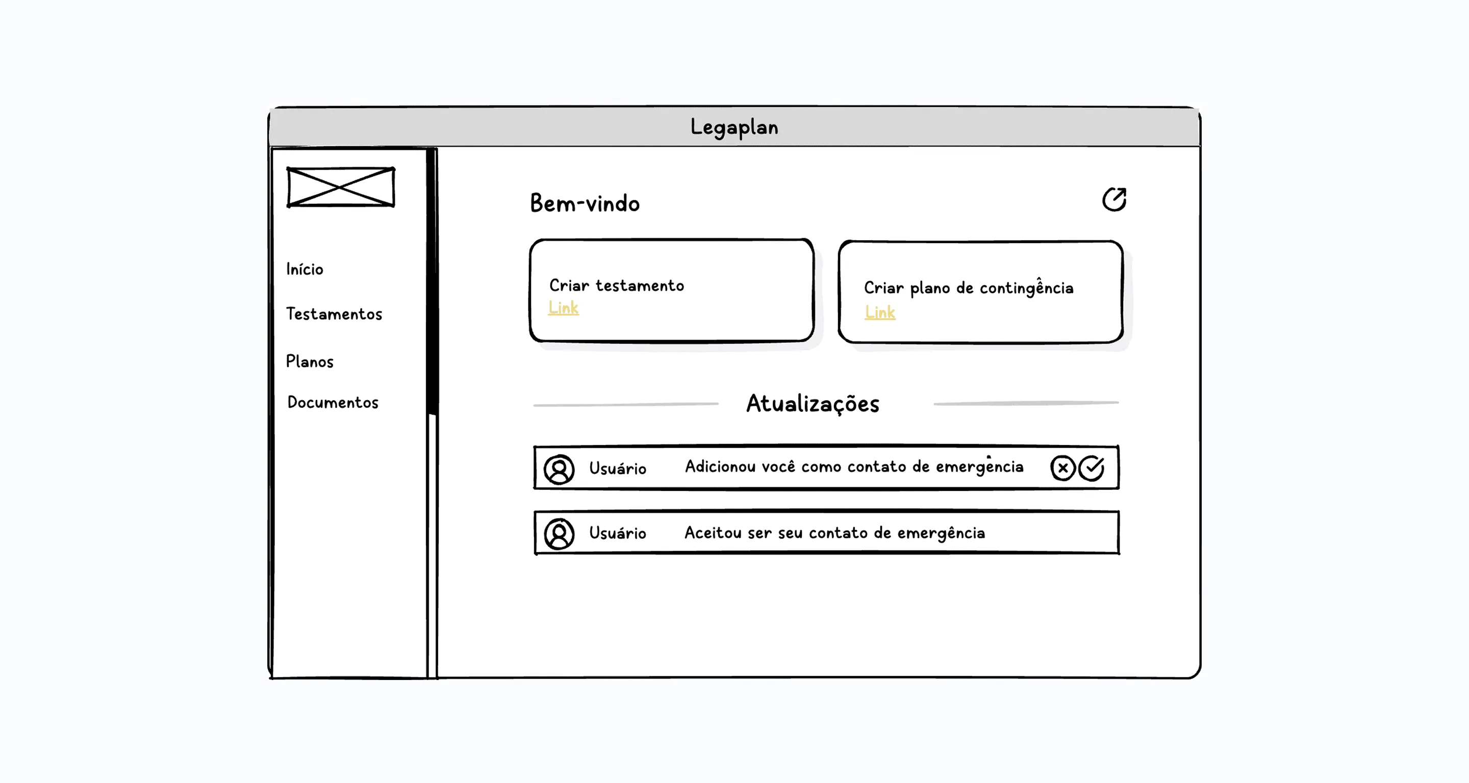 Low-fidelity wireframes of the Legaplan flows